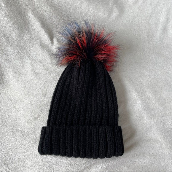 Adrienne Landau Real Fox Fur Pompom Black Beanie Hat Womens - Picture 1 of 4